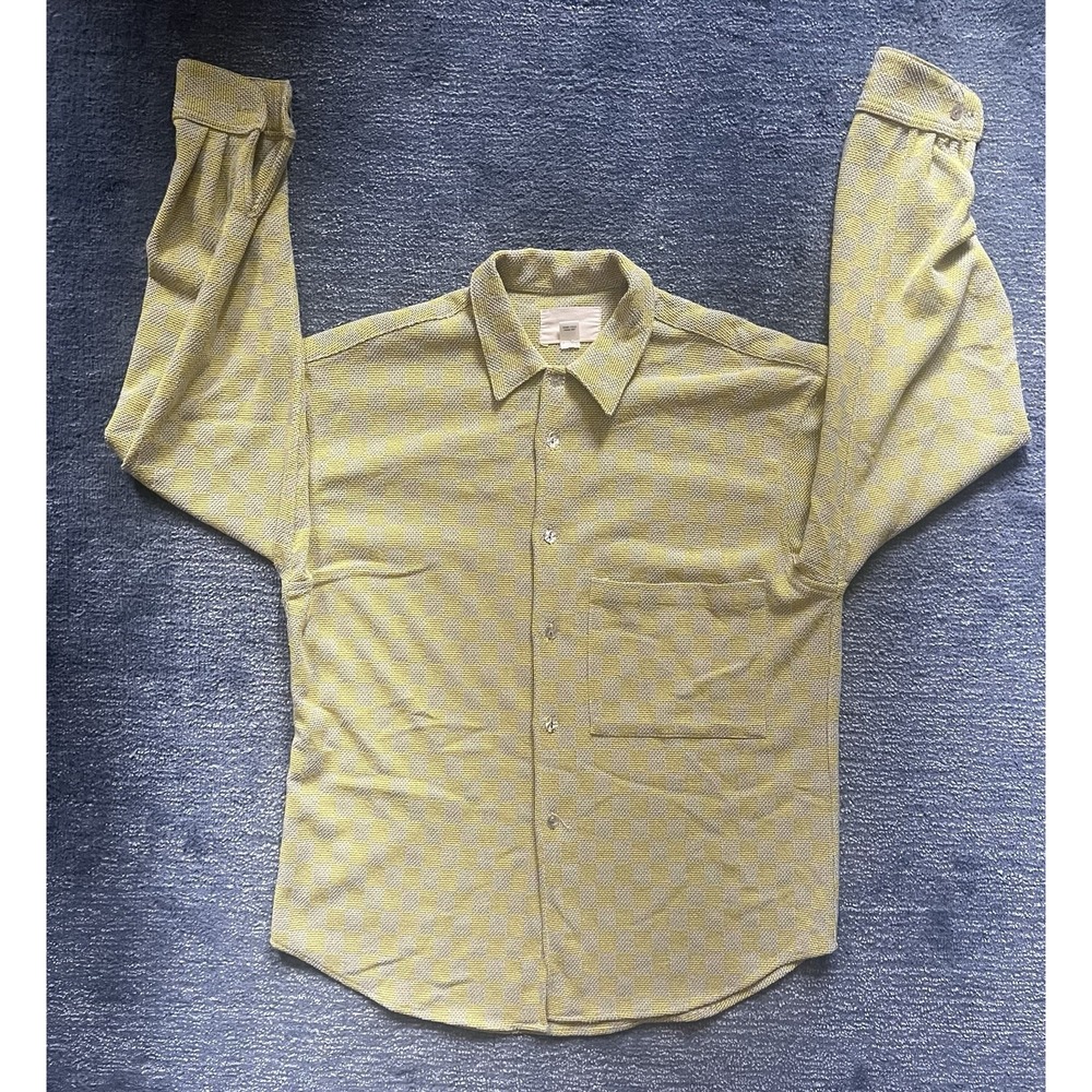 Zed Yellow Checkered Textured Button Up Shirt Size 2 Rayon/Cotton Vintage Style